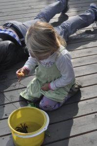 Barn fisker krabbe på brygge